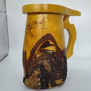 Rustic Wooden Stein Carved From Tree with Natural Bark Moose Germany